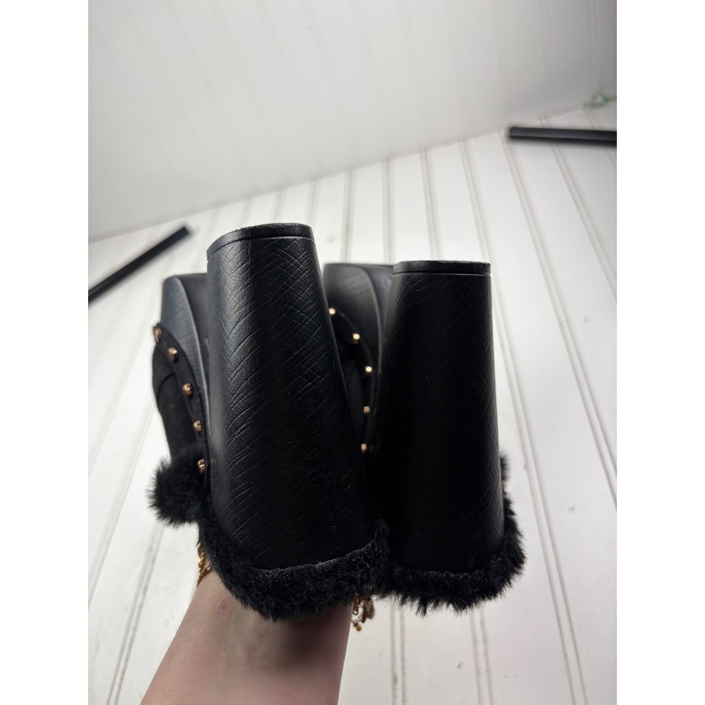 Rouge Vintage Y2K Black Faux Fur Gold Chain Platform Mules Women's Size 8 - Picture 7 of 9